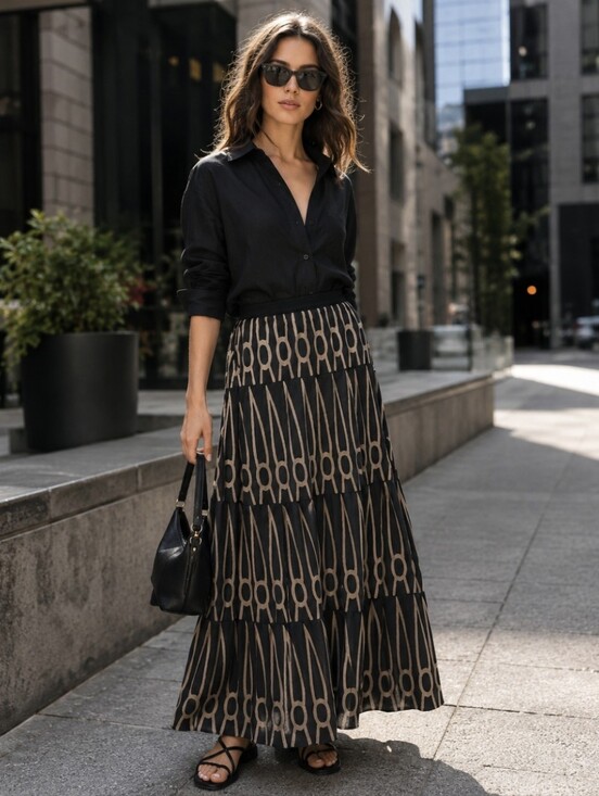 Anthropologie Dresses & Skirts - Anupama Women's Large Black Beige Geometric Print Maxi Skirt Boho Elastic Waist